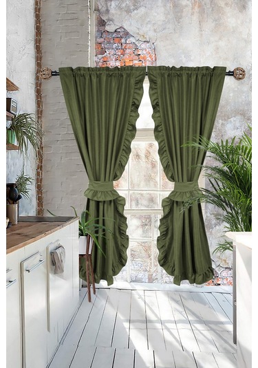 Poli Perde Çift Kanat Dikey Fırfırlı Zümrüt Yeşili