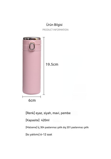 Akıllı Sıcaklık Göstergesi Paslanmaz Çelik Termos Kupa - Pembe