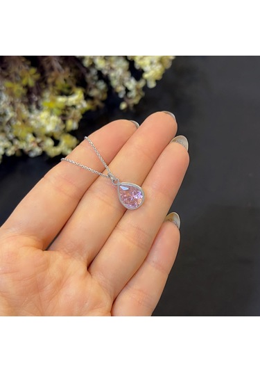 Stela Pembe Kuvars Damla Gümüş Kolye