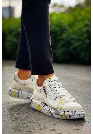 Bağcıklı Crocodile Beyaz Sarı Günlük Erkek Ayakkabısı Beyaz4 Beyaz