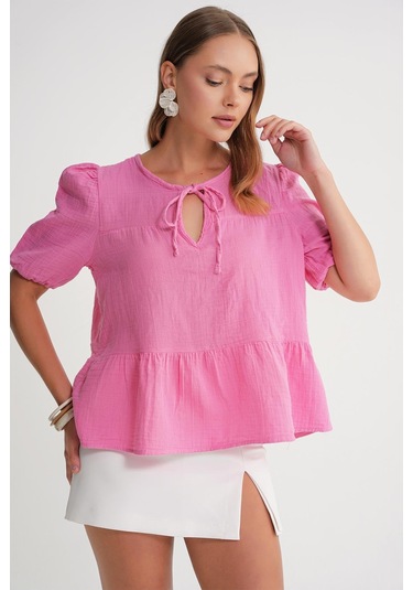 4715 Kadın Yakası Bağlamalı Kısa Kol Müslin Bluz Pembe Pembe