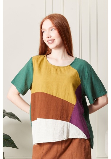 Keten Gökkuşağı Asimetrik Kesim Bluz Renkli Ve Şık Tasarım Turkuaz