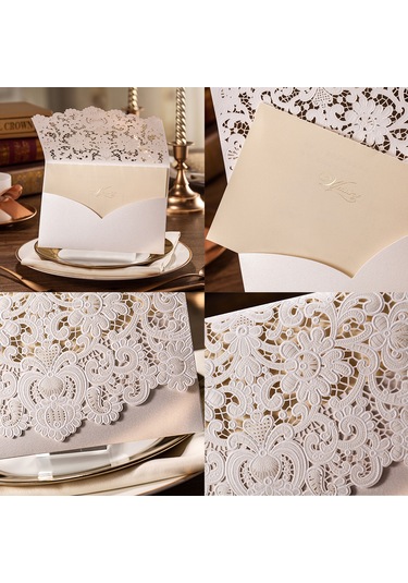 Shineyee 10 Adet Şampanya Renkli Delikli Desenli Davetiye Seti - Nişan, Düğün, Doğum Günü İçin Zarf + Kılıf + Boş İç Sayfa