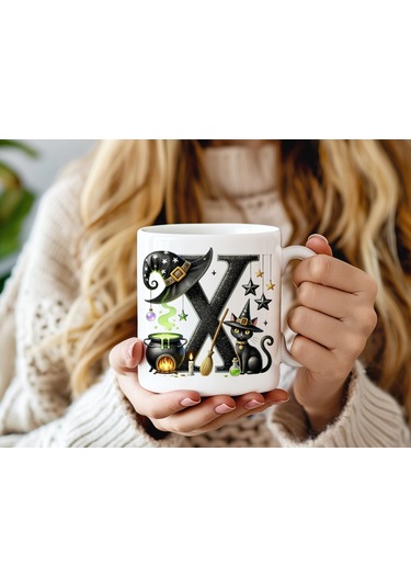 X Harfli Halloween Kedili Figür Kupa Bardak - Şapkalı Ve Kazanlı İsme Özel Kupa - Hediye 07 Beyaz