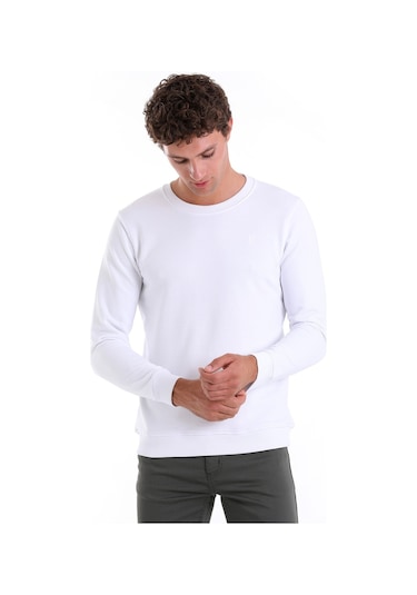 Hatemoğlu Beyaz Regular Fit Düz Pamuklu Bisiklet Yaka Sweatshirt Beyaz