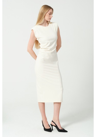 Arka Yırtmaç Detaylı Bel Büzgülü Elbise BEYAZ Beyaz