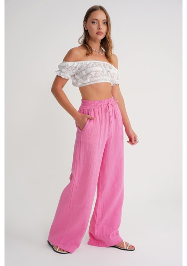 4286 Kadın Bol Paça Beli Lastikli Müslin Palazzo Pantolon Pembe Pembe