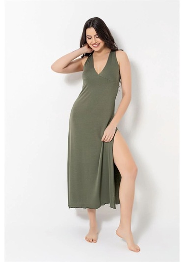 Monamise Kadın Haki Göğüs Ve Sırt Dekoteli Brode Dantelli Yırtmaçlı Gecelik 18485 Haki