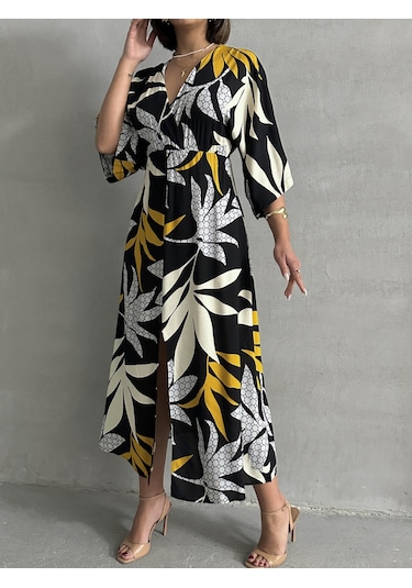 Kadın Kruvaze Yaka Yırtmaçlı Uzun Yazlık Elbise Siyah - Sarı