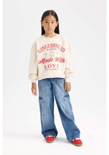 DeFacto Kız Çocuk Relax Fit Bisiklet Yaka Baskılı Sweatshirt D7058A824WNER99 Ekru