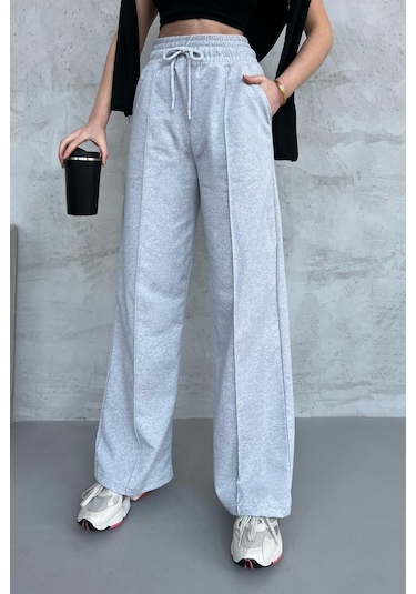 Kadın Mevsimlik Salaş Geniş Paça Yüksek Bel Gri Eşofman Altı Cmrb102 Gri