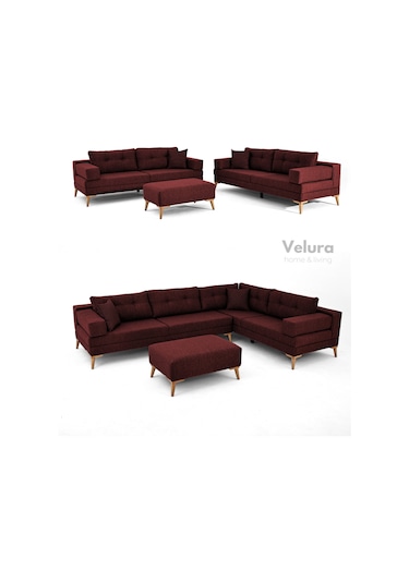 Zeri 3+3+3 Yataklı Puzzle Modüler U Köşe Koltuk Takımı & Puflu Köşe Takımı - Bordo 173 Bordo