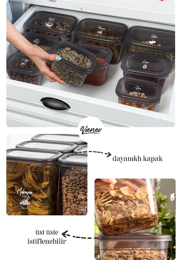 Vienev Beyaz Serigrafi Etiketli 8li Peggy Dikdörtgen Baharatlık Seti 800 ML Antrasit