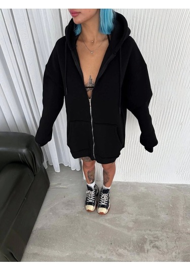 Leyla Sanat Sanata Yeni Bir Bakış Açısı Oversize Tam Fermuarlı Uzun Kol Hırka - Siyah Siyah