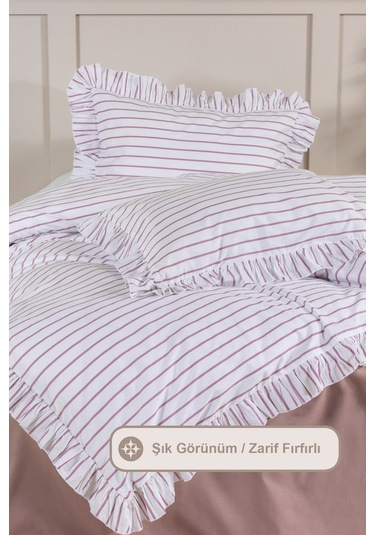 Elart Lara Nevresim Takımı Çift Kişilik Lastikli Çarşaf %100 Pamuk Ranforce Fırfırlı 200x220 Cm Gülkurusu Gülkurusu