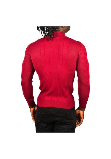 Deepsea Erkek Bordo Yarım Balıkçı Yaka Çizgili Tüylenmeyen Slim Fit Triko Kazak 2505491 Bordo