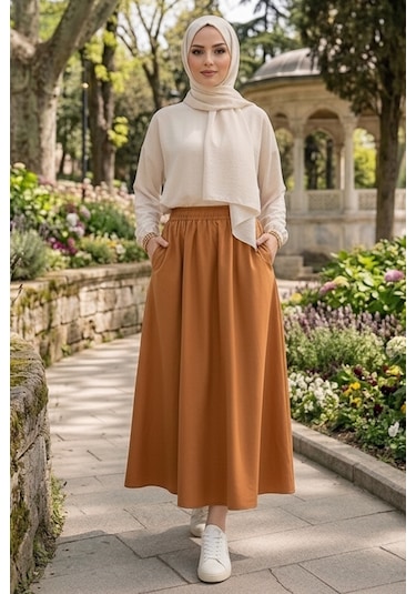 Bestenur Cepli Beli Lastikli Poplin Etek 1727 - Taba