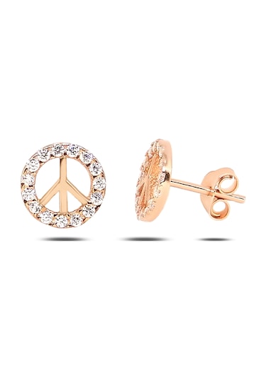 Peace Barış Sembolü Kadın Gümüş Küpe Pembe Altın
