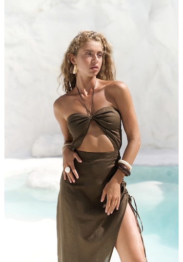 Mai Collection Abrossa Boyundan Bağcıklı Asimetrik Kahve Keten Elbise Kahverengi