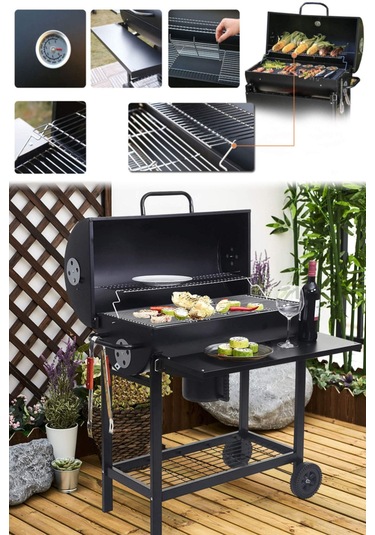 Varil Tip Büyük Kömürlü Mangal Kapaklı Termostatlı Tekerlekli