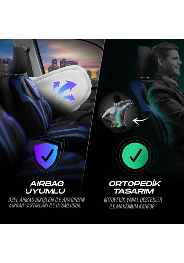 Panda Kapadokya Serisi Jakar Kumaş Oto Koltuk Kılıfı Tam Set Siyah - Mavi