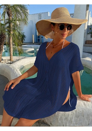 Örgü Bağlama İpi Oymalı Bol Plaj Elbisesi Beyaz