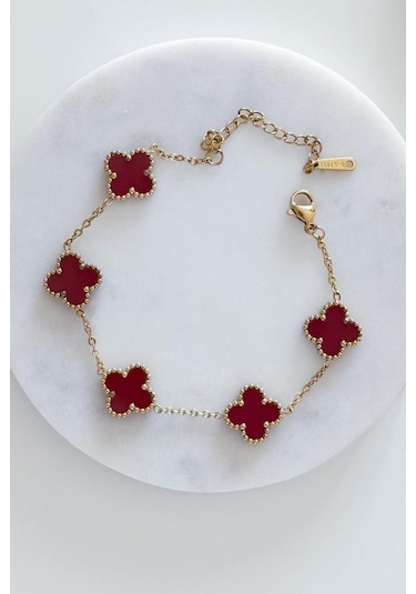 Gold Bordo Doğal Taşlı Premium Çelik Bileklik 91413203