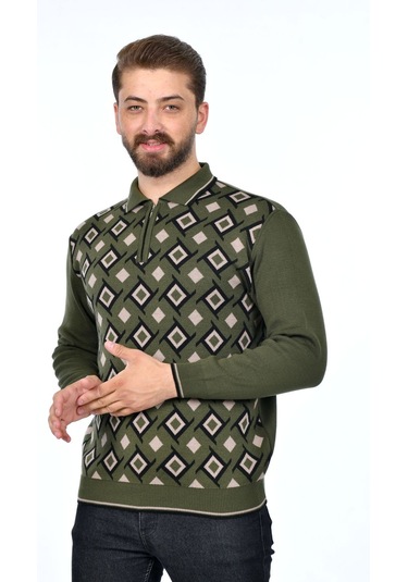 Kamalı Erkek Çelik Örgü Gömlek Yaka Fermuarlı Polo Yakalı Kazayağı Tüylenmeyen Triko Kışlık Baba Kazak Haki