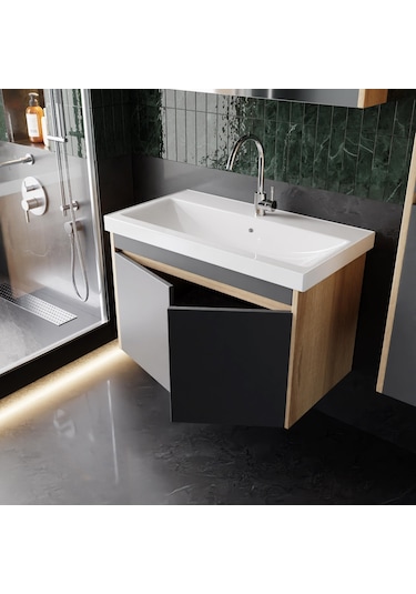 Karen Banyo Dallas 80 Cm Lavabolu, Aynalı Banyo Dolabı, Lavabo Dahil, Boy Dolabı Dahil, S.meşe-Antrasit Antrasit