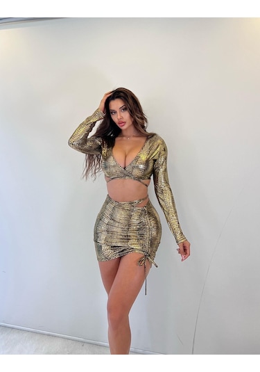 Gold Parlak Lame Kumaş Etekli İkili Takım Gold