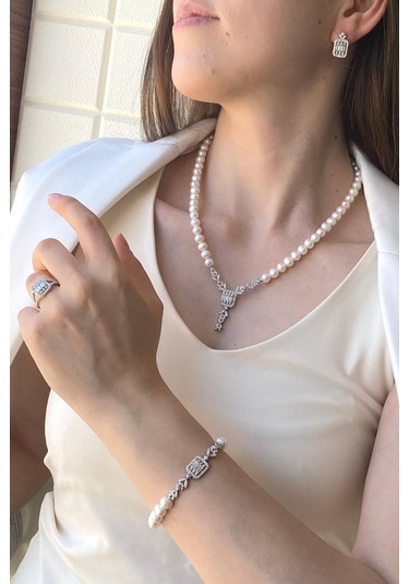 7,5 Mm Kadın Baget Kesim Doğal İnci Küpe Kolye Bileklik Yüzük Dörtlü Set 8 Gümüş