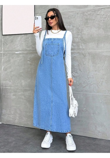 Shevega Kadın Uzun Mavi Bahçivan Askili Elbise Lacivert