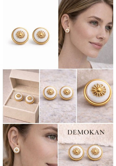 Kadın Küpe Vintage Düğme Model Gold Sun Küpe Beyaz
