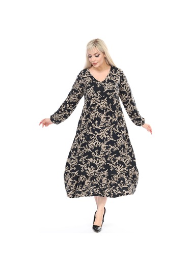 Kadın Büyük Beden Yumuşak Dokulu V Yaka Siyah Vizon Dal Desenli Elbise Siyah - Vizon Dal Desen