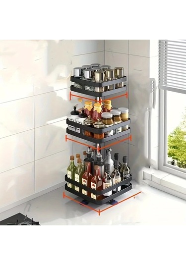 Honeybeeshop Wongırl Kare Üç Katmanlı 360 Derece Dönebilen Paslanmaz Çelik Mutfak Organizatörü Baharat Rafı 1100 Koyu Ceviz