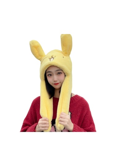 Sevimli Hareketli Kulaklı Kadınlar İçin Yumuşak Tavşan Desenli Peluş Kış Şapkası Sarı