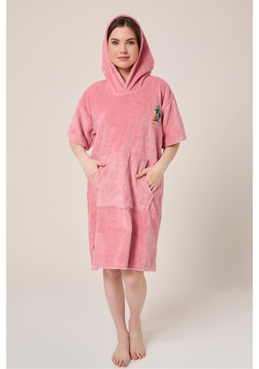 Palmiye Sörf Nakışlı Yetişkin Sörf Yazlık Panço Kapüşonlu Plaj Havlusu Gül Gül
