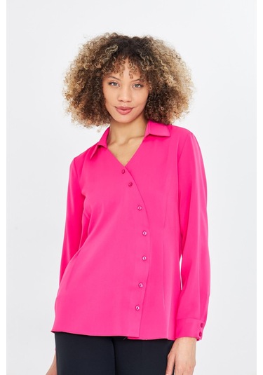 Asimetrik Pile Detay Gömlek Fuşya Fuşya