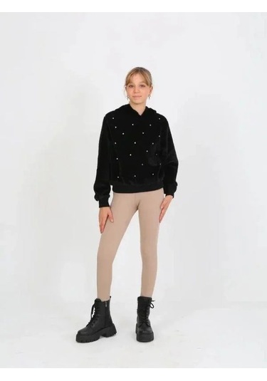 Kız Çocuk Taşlı Peluş Kapüşonlu Sweatshirt-14827 Siyah