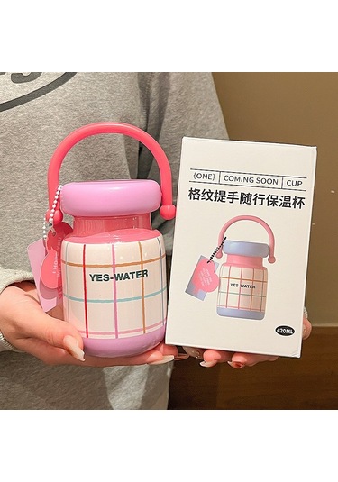 Kadınlar İçin Yüksek Görünüm Ve Taze Stile Sahip 304 Paslanmaz Çelik Vakumlu Matara Taşınabilir Ekose Seyahat Matarası Pudra - Pembe