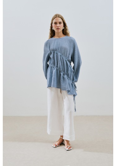 Büzgü Bağlamalı Dokulu Tunik Mavi Mavi