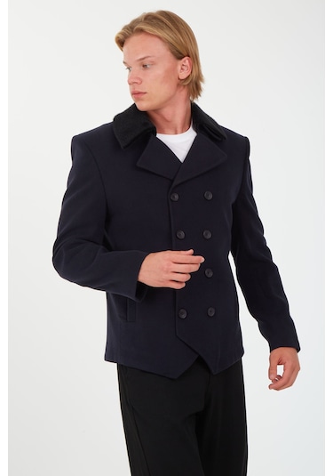 Sposo1702 Yaka Çıkmalı Kruvaze Yünlü Kaşe Lacivert Erkek Kısa Kaban Lacivert