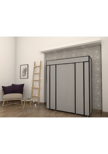 Burak Metal Çift Yandan Raflı Gri Bez Dolap Gardırop Gri