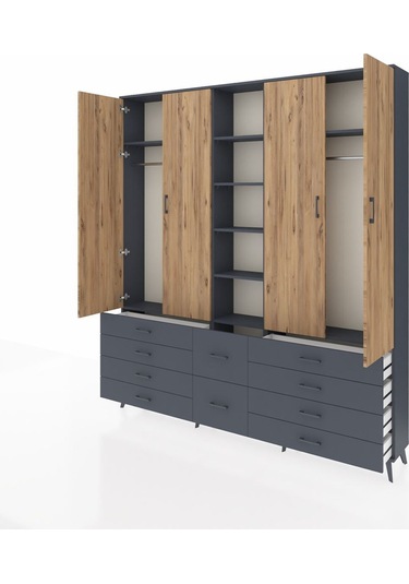 Arges Dolap 9 Raflı 10 Çekmeceli 2 Askılı 220x30x243 Antrasit-çam/antrasit Atlas Çam/antrasıt