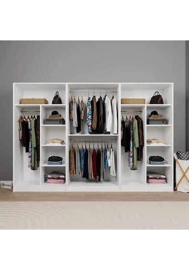 Lucas 6 Kapaklı 10 Raflı Elbise Dolabı - Gardırop Seti Beyaz 282 Cm Beyaz