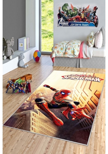 West Home Makinede Yıkanabilir Kaymaz Taban Leke Tutmaz Süper Kahraman Desenli Çocuk Halısı Wh 521 Yellow Sarı
