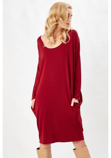 Peraluna Bordo Rengi 3/4 Kol Balon Kadın Triko Elbise Bordo