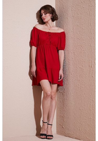 Lela Önü Büzgülü Balon Kollu Mini Bayan Elbise 5869005 Kırmızı Lela Önü Büzgülü Balon Kollu Mini Bayan Elbise 5869005 Kırmızı