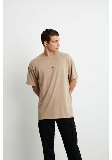 Rıver Erkek Oversize Fit Önü Nakışlı %100 Pamuklu Bej T-shirt