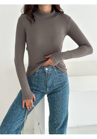 Kadın Yarım Balıkçı Yaka Parmak Geçmeli Full Likralı Buzz Body Vizon